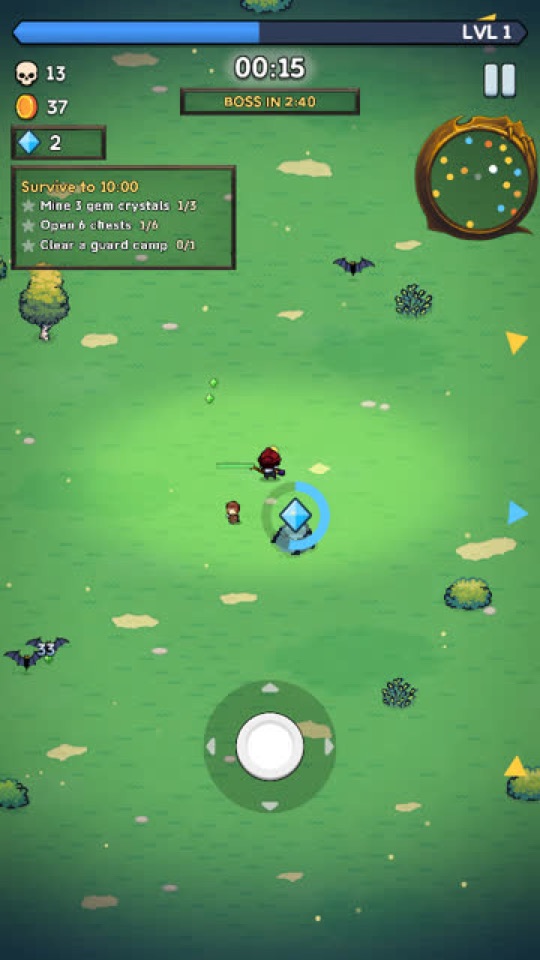 The hero surrounded by a swarm of monsters in a meadow