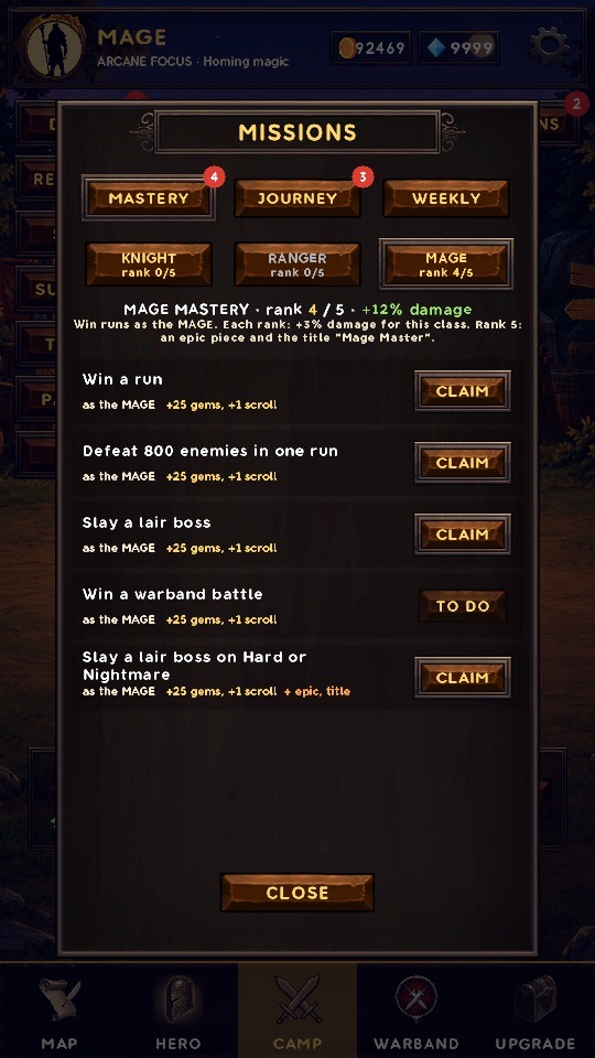 The missions screen